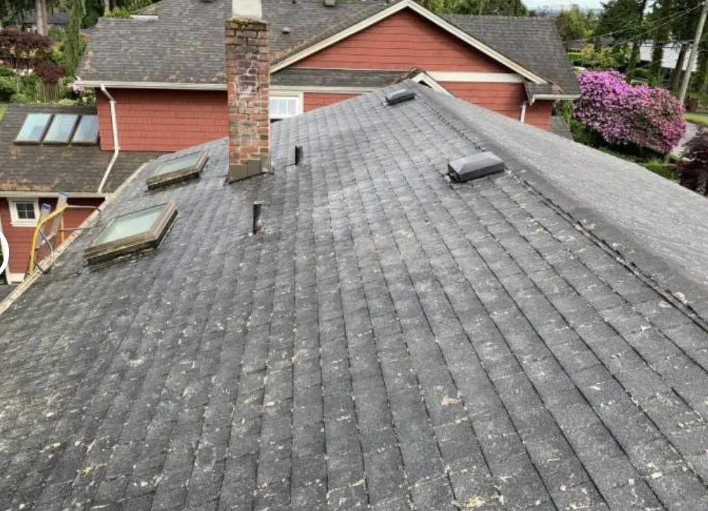 A cleared shingle roof with skylights and a brick chimney